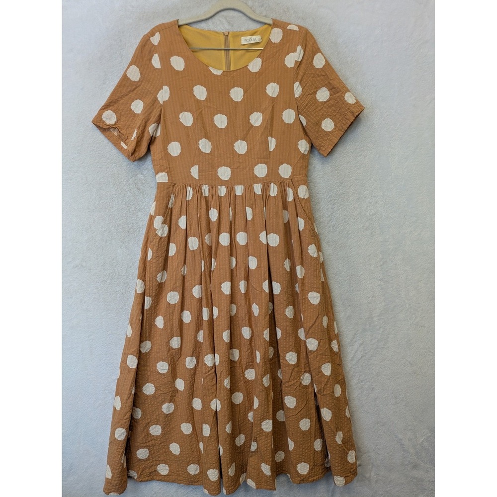 Roolee Midi Dress Women's Small Brown Polka Dot Short Sleeve Textured